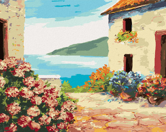 Malování podle čísel - DŮM U MOŘE A KVĚTINY - 40x50 cm, vypnuté plátno na rám