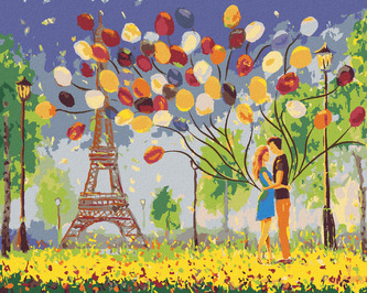 Malování podle čísel - PÁR S BALÓNKY V PAŘÍŽI - 80x100 cm, bez rámu a bez vypnutí plátna