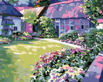 Malování podle čísel - KVĚTINY V ZAHRADĚ U DOMU - 80x100 cm, vypnuté plátno na rám