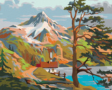 Malování podle čísel - DOMEK U JEZERA POD HORAMI - 80x100 cm, bez rámu a bez vypnutí plátna