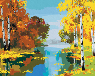 Malování podle čísel - LES S BŘÍZAMI U ŘEKY - 80x100 cm, vypnuté plátno na rám