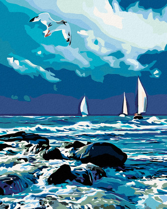 Malování podle čísel - PLACHETNICE NA MOŘI A LETÍCÍ RACEK - 80x100 cm, vypnuté plátno na rám