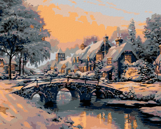 Malování podle čísel - MOST PŘES ZAMRZLOU ŘÍČKU - 80x100 cm, bez rámu a bez vypnutí plátna