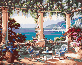 Malování podle čísel - POSEZENÍ S VÝHLEDEM NA MOŘE - 80x100 cm, vypnuté plátno na rám