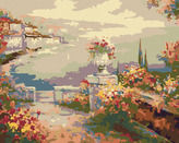 Malování podle čísel - KVĚTINOVÁ TERASA NAD MOŘEM - 80x100 cm, vypnuté plátno na rám