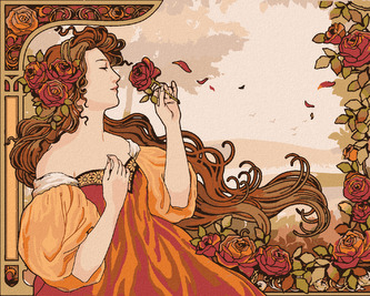 Malování podle čísel - REPRODUKCE ŽENA A RŮŽE (ALFONS MUCHA) - 80x100 cm, bez rámu a bez vypnutí plátna