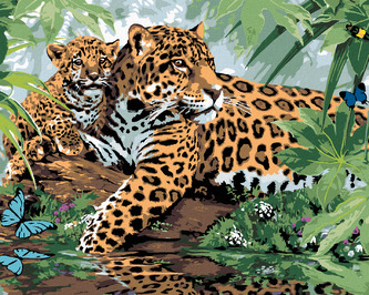 Malování podle čísel - JAGUÁR S MLÁDĚTEM U VODY (HOWARD ROBINSON) - 80x100 cm, bez rámu a bez vypnutí plátna