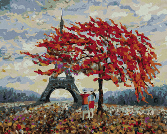 Malování podle čísel - ZAMILOVANÝ PÁR A EIFFELOVA VĚŽ - 80x100 cm, bez rámu a bez vypnutí plátna