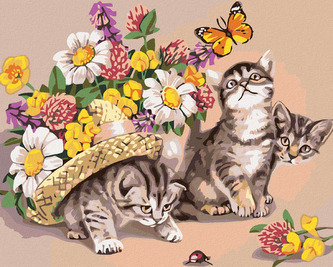 Malování podle čísel - KOŤATA S KLOBOUKEM A KVĚTINAMI - 80x100 cm, bez rámu a bez vypnutí plátna