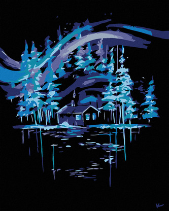 Malování podle čísel - POLÁRNÍ ZÁŘE NAD CHALOUPKOU - 80x100 cm, bez rámu a bez vypnutí plátna