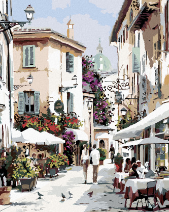 Malování podle čísel - PROCHÁZKA KAVÁRNOU (RICHARD MACNEIL) - 80x100 cm, vypnuté plátno na rám