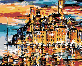 Malování podle čísel - MĚSTEČKO NAD MOŘEM - 80x100 cm, vypnuté plátno na rám