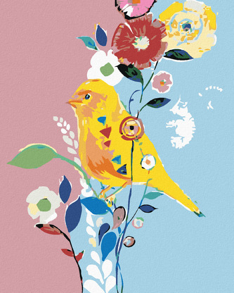 Malování podle čísel - ŽLUTÝ PTÁČEK S KVĚTINAMI - 80x100 cm, vypnuté plátno na rám