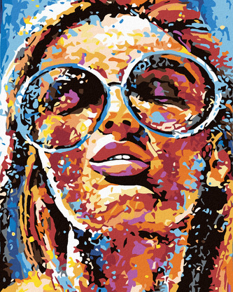 Malování podle čísel - ŽENA V BARVÁCH A KULATÉ BRÝLE - 80x100 cm, bez rámu a bez vypnutí plátna