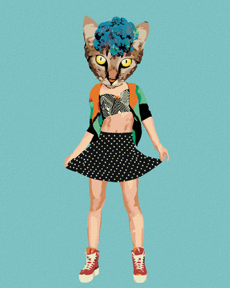 Malování podle čísel - KOČKA V OBLEČENÍ A KVĚTINY - 40x50 cm, bez rámu a bez vypnutí plátna