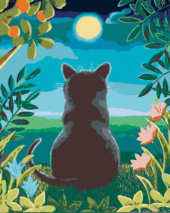 Malování podle čísel - KOČKA A MĚSÍC - 80x100 cm, bez rámu a bez vypnutí plátna