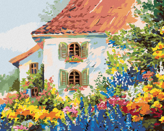 Malování podle čísel - DŮM V KVĚTINOVÉ ZAHRADĚ - 40x50 cm, vypnuté plátno na rám