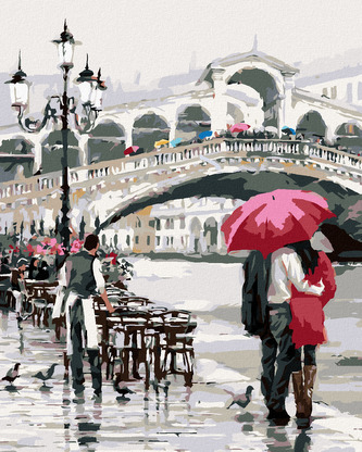 Malování podle čísel - MILENCI S DEŠTNÍKEM U MOSTU (RICHARD MACNEIL) - 80x100 cm, vypnuté plátno na rám