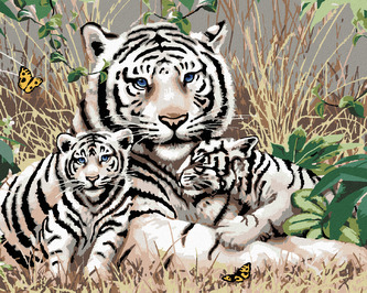 Malování podle čísel - BÍLÝ TYGR A MLÁĎATA V TRÁVĚ (HOWARD ROBINSON) - 80x100 cm, vypnuté plátno na rám