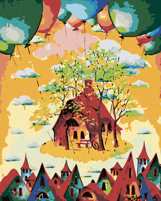 Malování podle čísel - BAREVNÉ DOMKY S BALONKY - 40x50 cm, bez rámu a bez vypnutí plátna