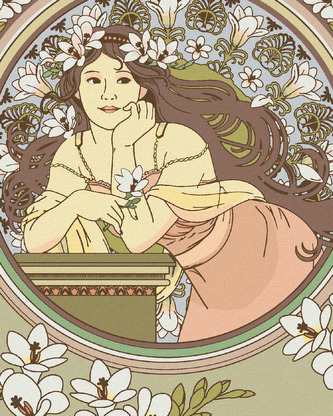 Malování podle čísel - REPRODUKCE ŽENA A BÍLÉ KVĚTINY (ALFONS MUCHA) - 80x100 cm, vypnuté plátno na rám