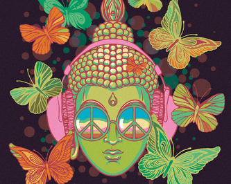 Malování podle čísel - ZELENÝ BUDDHA A MOTÝLI - 80x100 cm, vypnuté plátno na rám