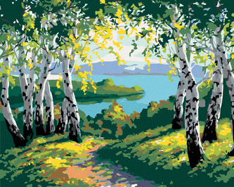 Malování podle čísel - PODZIMNÍ LESNÍ KRAJINA S BŘÍZAMI A ŘEKOU - 80x100 cm, bez rámu a bez vypnutí plátna