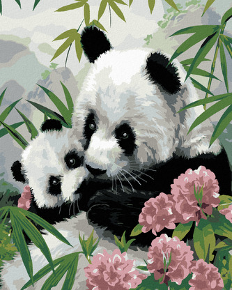 Malování podle čísel - PANDA S MLÁDĚTEM A RŮŽOVÉ KVĚTY (HOWARD ROBINSON) - 80x100 cm, vypnuté plátno na rám