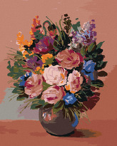 Malování podle čísel - KYTICE KVĚTIN NA ORANŽOVÉM POZADÍ - 80x100 cm, bez rámu a bez vypnutí plátna