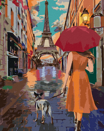 Malování podle čísel - PAŘÍŽ EIFFELOVA VĚŽ PROCHÁZKA ULIČKOU - 80x100 cm, bez rámu a bez vypnutí plátna
