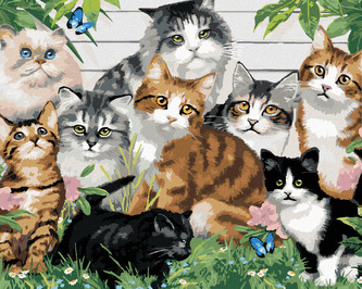 Malování podle čísel - RŮZNOBAREVNÉ KOČKY PŘED DOMEM (HOWARD ROBINSON) - 80x100 cm, vypnuté plátno na rám