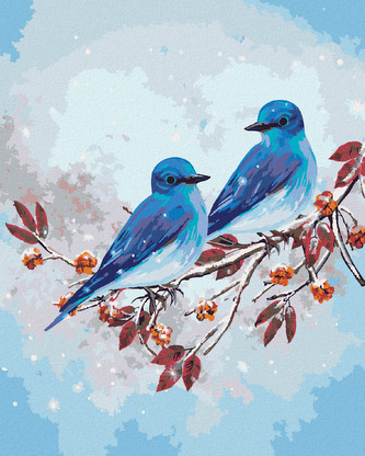 Malování podle čísel - DVA MODŘÍ PTÁČCI NA VĚTVI - 80x100 cm, bez rámu a bez vypnutí plátna