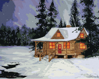 Malování podle čísel - SRUB V ZIMNÍM LESE - 80x100 cm, vypnuté plátno na rám