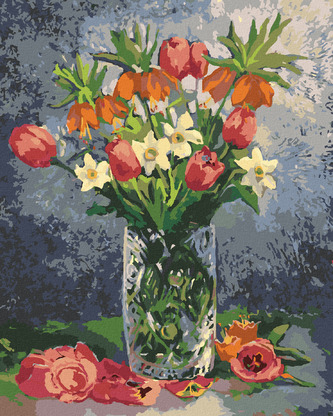Malování podle čísel - TULIPÁNY A DALŠÍ JARNÍ KVĚTINY VE VÁZE - 80x100 cm, vypnuté plátno na rám