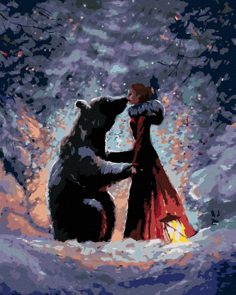 Malování podle čísel - DÍVKA V ČEREVENÝCH ŠATECH A MEDVĚD - 80x100 cm, bez rámu a bez vypnutí plátna