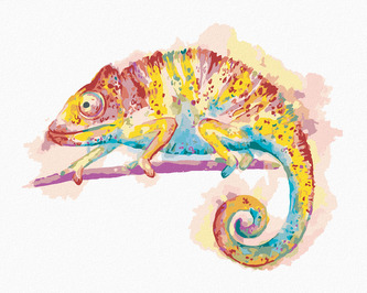 Malování podle čísel - BAREVNÝ CHAMELEON NA BÍLÉM POZADÍ - 80x100 cm, vypnuté plátno na rám