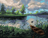 Malování podle čísel - LESNÍ KRAJINA S LOĎKOU - 80x100 cm, vypnuté plátno na rám