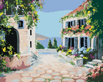 Malování podle čísel - KVĚTINOVÝ DŮM U MOŘE - 40x50 cm, vypnuté plátno na rám