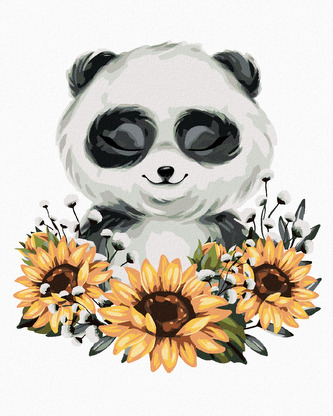 Malování podle čísel - PANDA SE SLUNEČNICEMI - 80x100 cm, vypnuté plátno na rám