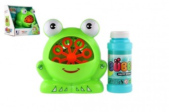Bublifuk stroj žaba plast 11x13cm na batérie + náplň 2 farby v krabičke 17x16,5x12cm