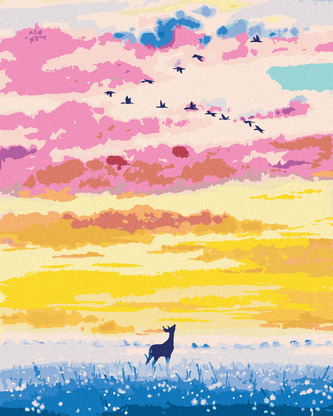 Malování podle čísel - JELEN V DIVOKÉM POLI SE SOUMRAKEM - 40x50 cm, bez rámu a bez vypnutí plátna