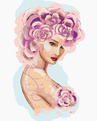 Malování podle čísel - ŽENA S RŮŽOVÝMI KVĚTINAMI - 40x50 cm, vypnuté plátno na rám