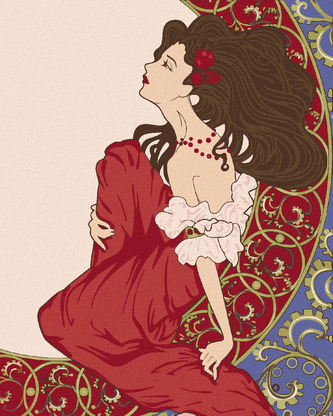 Malování podle čísel - ŽENA ROZJÍMÁ SECESE PLAKÁT - 80x100 cm, vypnuté plátno na rám