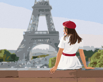 Malování podle čísel - ŽENA V BÍLÝ ŠATECH A EIFFELOVA VĚŽ - 80x100 cm, bez rámu a bez vypnutí plátna