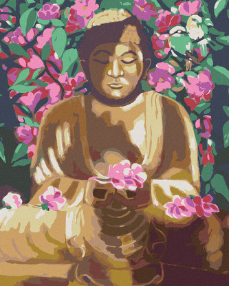 Malování podle čísel - BUDDHA OBKLOPENÝ KVĚTINAMI - 40x50 cm, bez rámu a bez vypnutí plátna