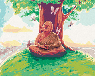 Malování podle čísel - BUDDHA SEDÍCÍ POD STROMEM UMĚNÍ - 40x50 cm, bez rámu a bez vypnutí plátna