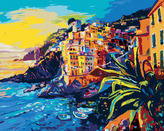 Malování podle čísel - LODĚ A STARÉ DOMY NA POBŘEŽÍ - 80x100 cm, bez rámu a bez vypnutí plátna