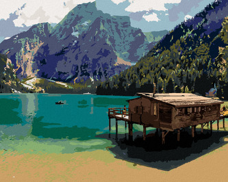Malování podle čísel - JEZERNÍ KRAJINA V LAGO DI BRAIES - 80x100 cm, bez rámu a bez vypnutí plátna