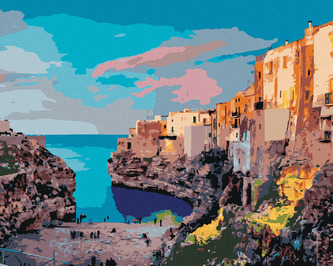 Malování podle čísel - JARNÍ PANORAMA MĚSTA POLIGNANO - 80x100 cm, bez rámu a bez vypnutí plátna