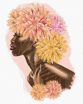 Malování podle čísel - AFRICKÁ ŽENA S BAREVNÝMI KVĚTINAMI - 40x50 cm, vypnuté plátno na rám